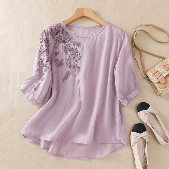 WCJM Women T Shirts Short Sleeve Women's Short Sleeve T-Shirt Floral Embroidered Tops Cotton Linen Shirts Boho Ethnic Style Tee Women 3/4 Sleeve V Neck Button Tunic Tshirt