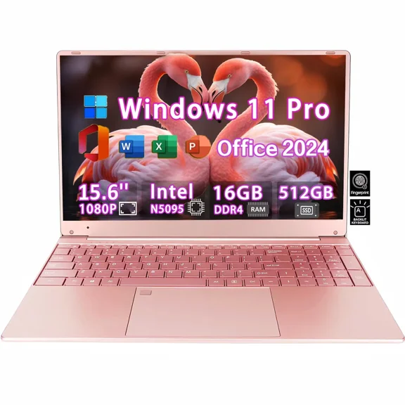 15.6" FHD Windows 11 Pro Pink Laptop Computer Office 2024 Meeting camera Backlit Keyboard Intel N5095 16GB RAM 512GB SSD Lightweight Business student Notebook PC Computer for Work WiFi5 BT 5.0