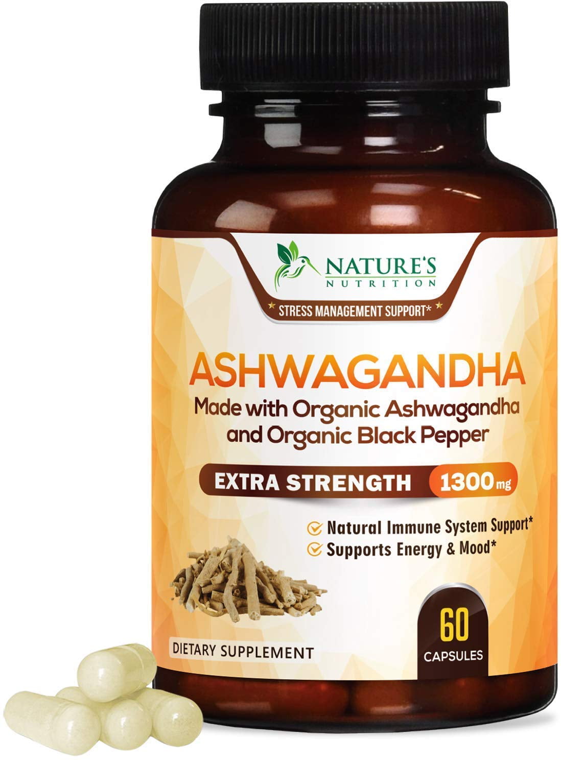 Nature's Nutrition Ashwagandha Root Powder, 1300mg, 60 Capsules