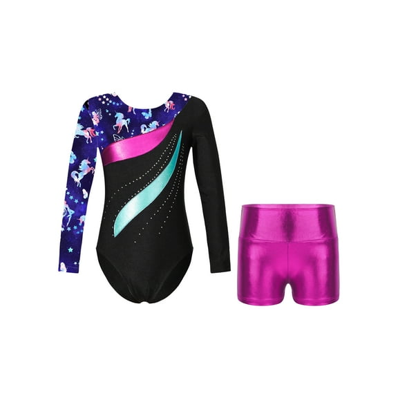 ZDHoor Girls Gymnastics Leotards Long Sleeve with Shorts Outfits Sparkle Dancewear Bodysuit Fairy Navy 4