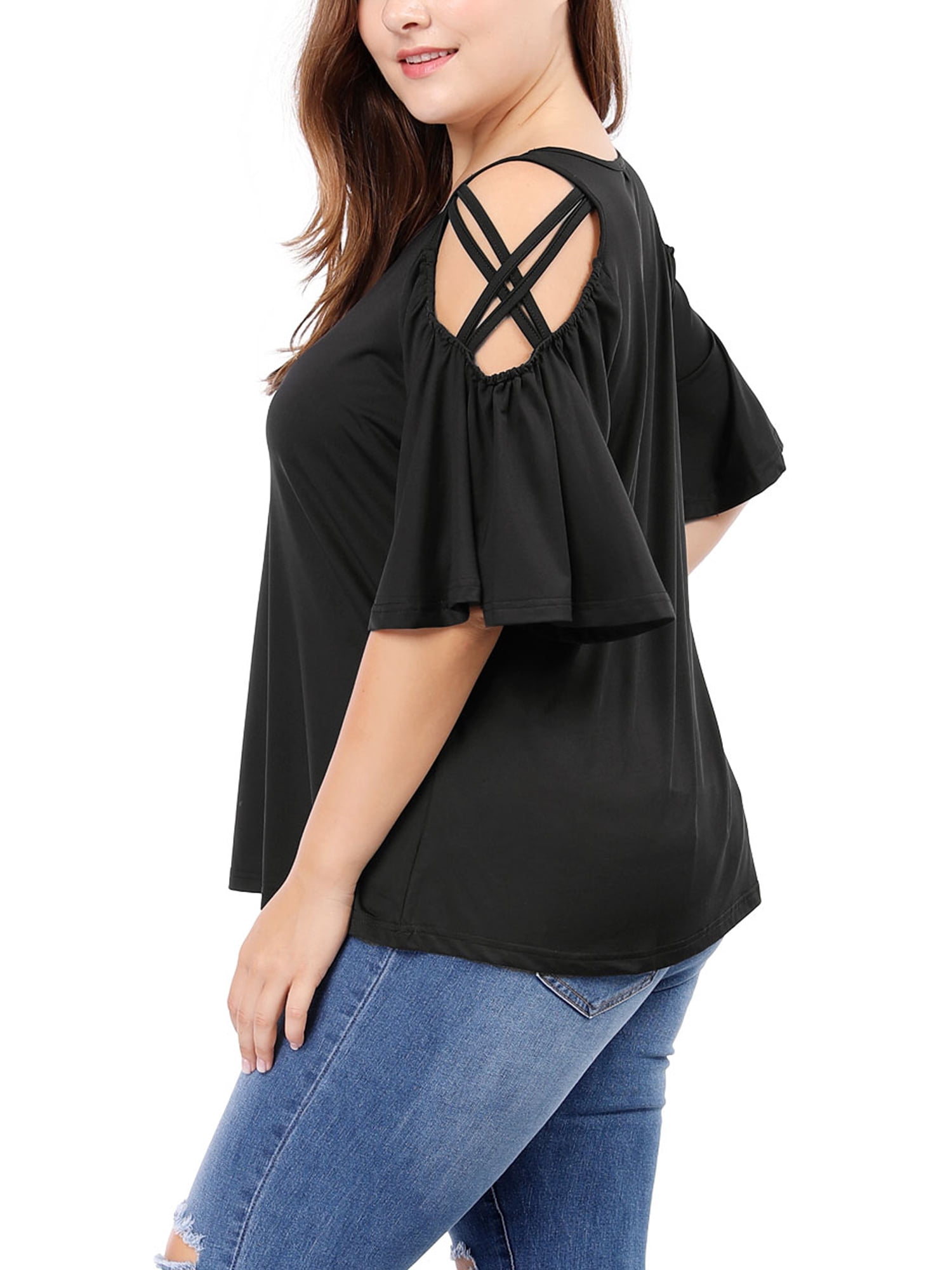 DARING DIVA Women's Plus Cold Shoulder Bell Casual Sleeve Top 3X Black