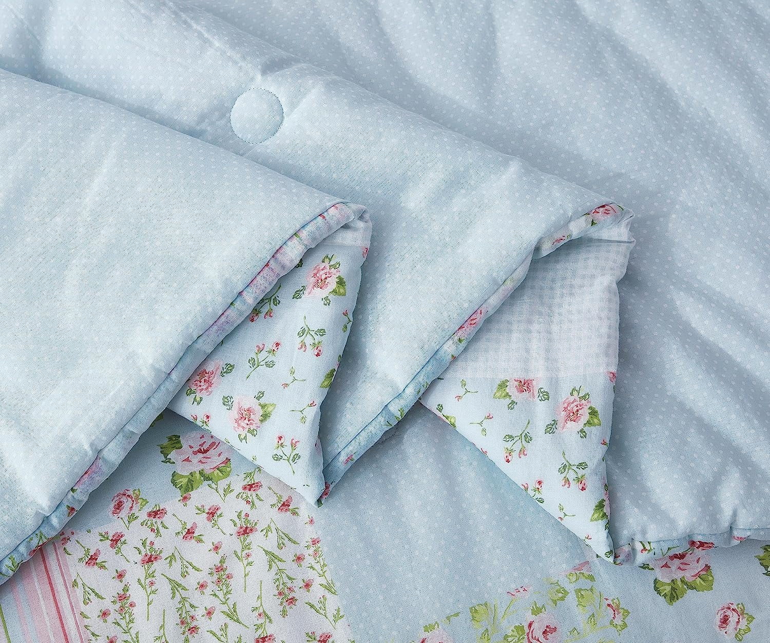 Chezmoi Collection Holly 3-Piece Washed Cotton Comforter Set Queen Size, Floral Bedding Set Blue White Pink Green Polka Dot Printed Patchwork Reversible Lightweight Comforter for All Season