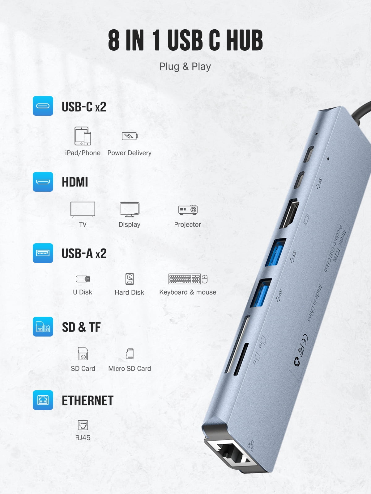 USB-C 8-in-1 Multi-function Docking Station with 4k Screen Projection, 3 USB Data Ports, Network Port, SD/TF Card Slot, And Type-C Charging Port Hub
