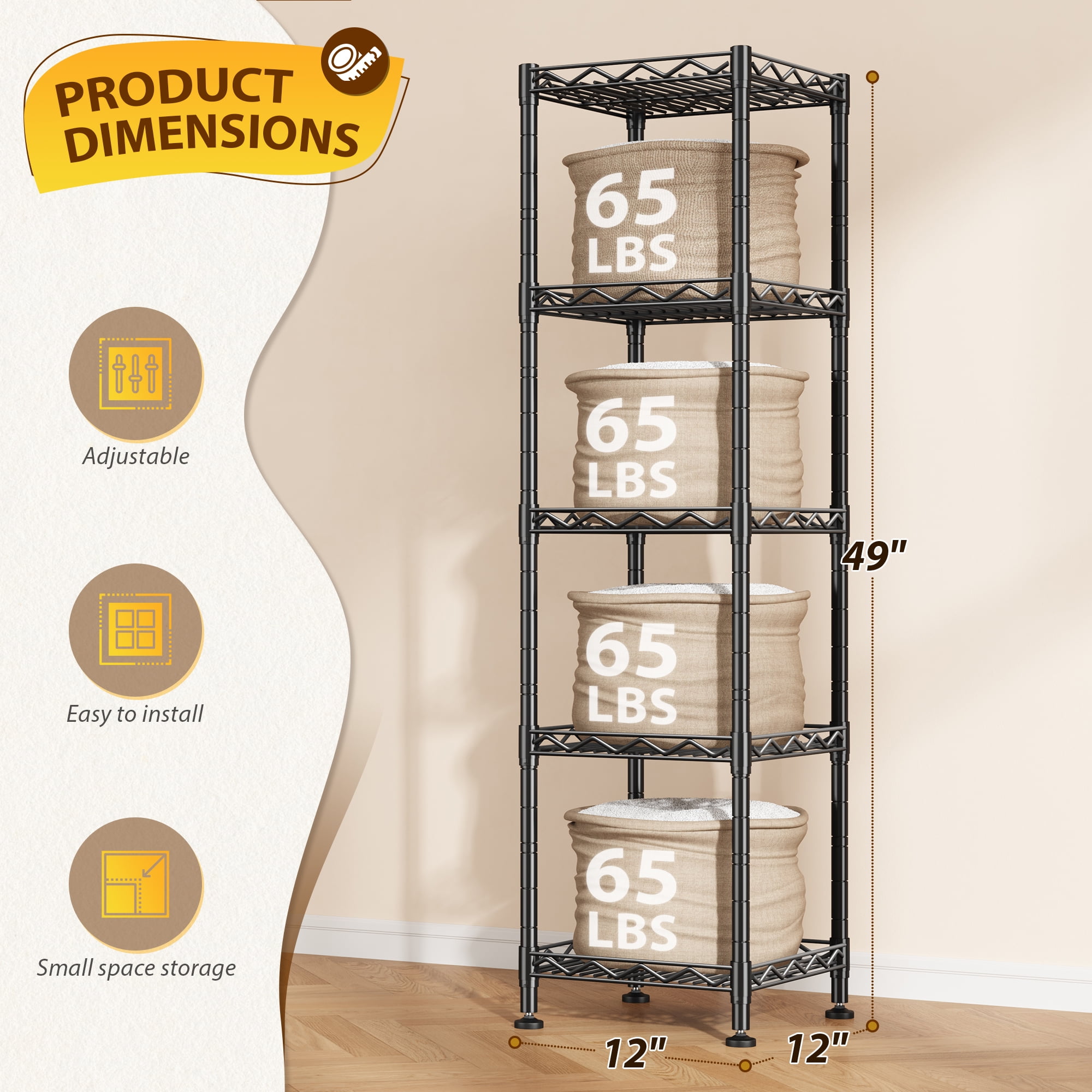 REIBII 5-Tier Black Metal Wire Shelving Unit 12″W×12″D×49″H Adjustable Narrow Storage Rack for Bathroom Kitchen Closet Laundry，Black