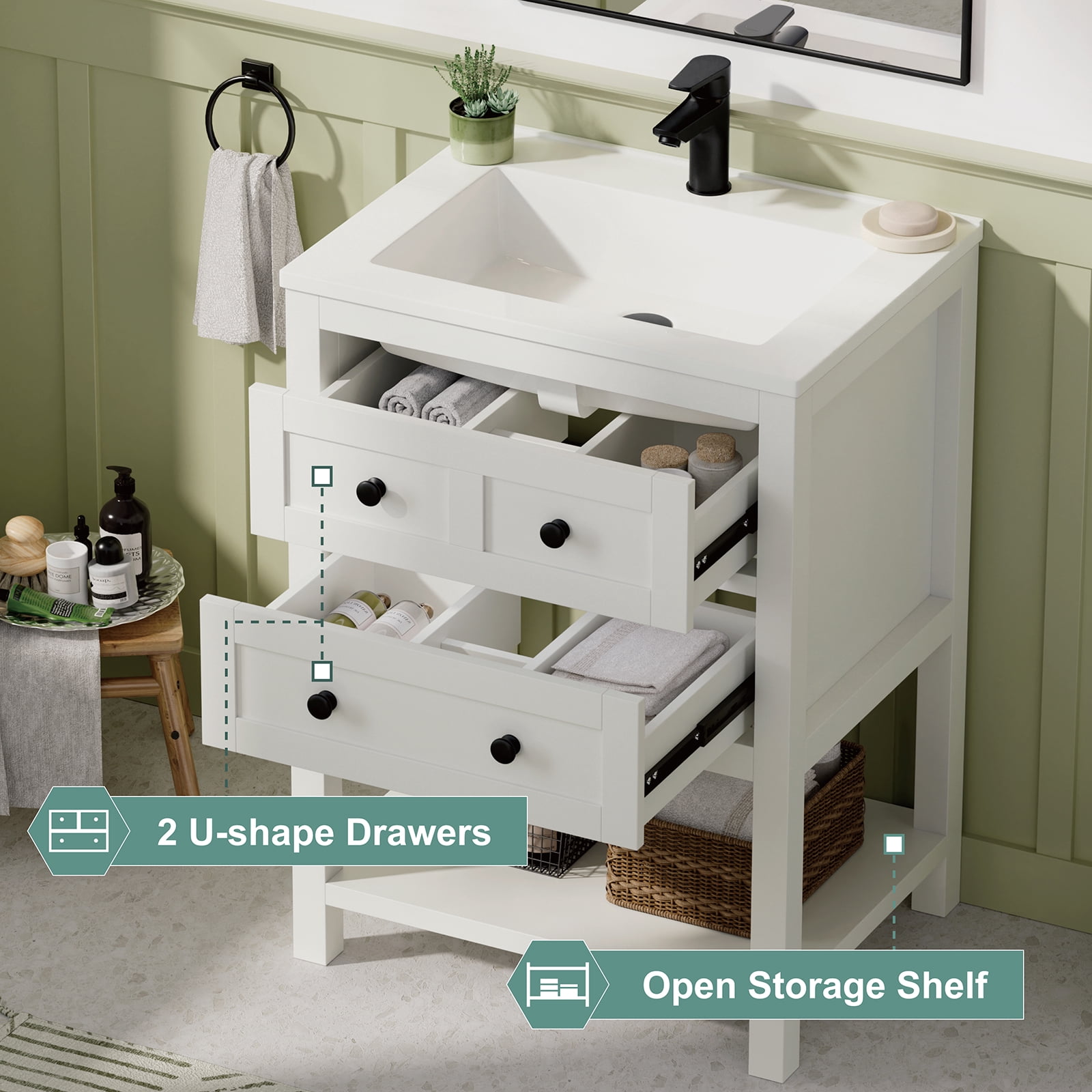 DELUXE LIVING 24" Bathroom Vanities with Sink Top, Adjustable Feet & Soft Closing Drawers, White