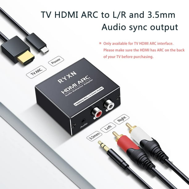 Extracteur audio HDMI ARC 192 KHz, adaptateur HDMI ARC avec audio 3,5 mm et  audio stéréo L/R pour haut-parleur de barre de son HDTV 