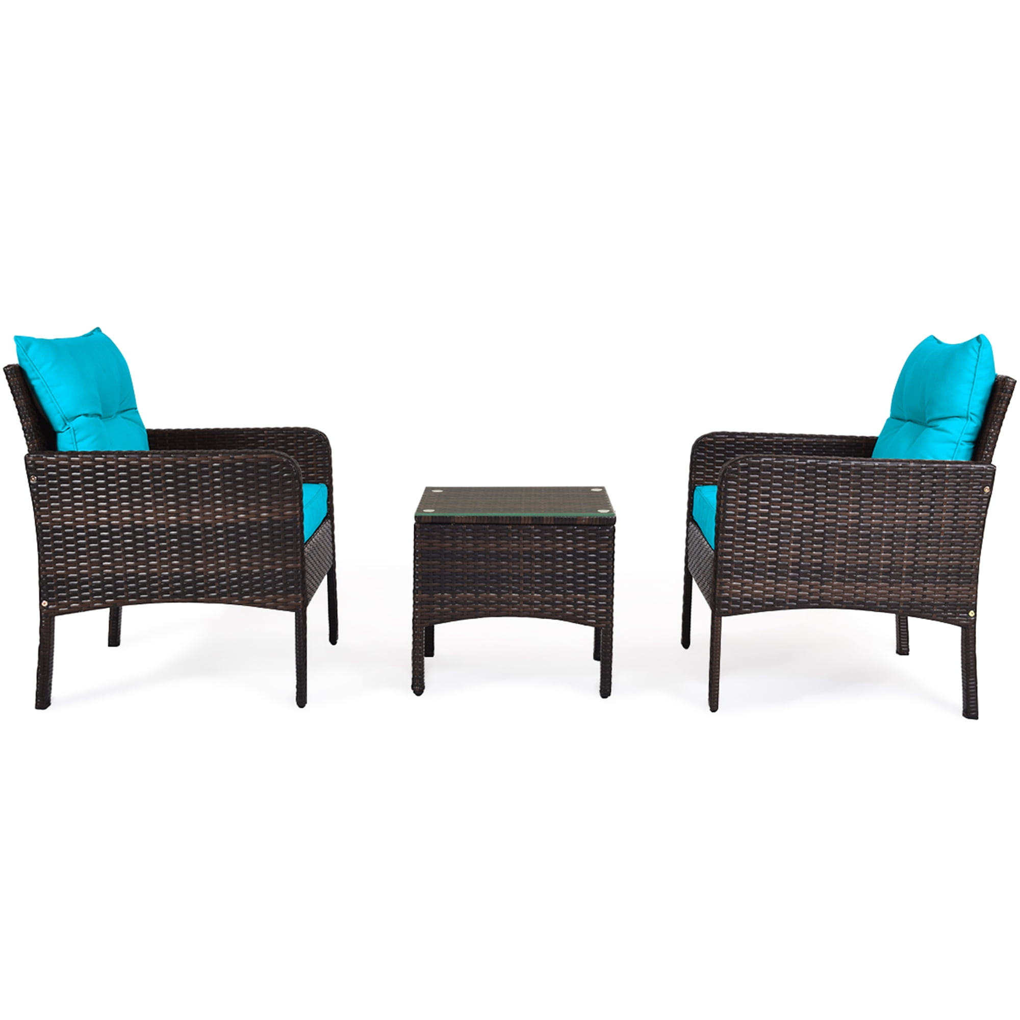 Gymax 3PCS Patio Outdoor Rattan Furniture Set w/ Coffee Table Turquoise Cushion