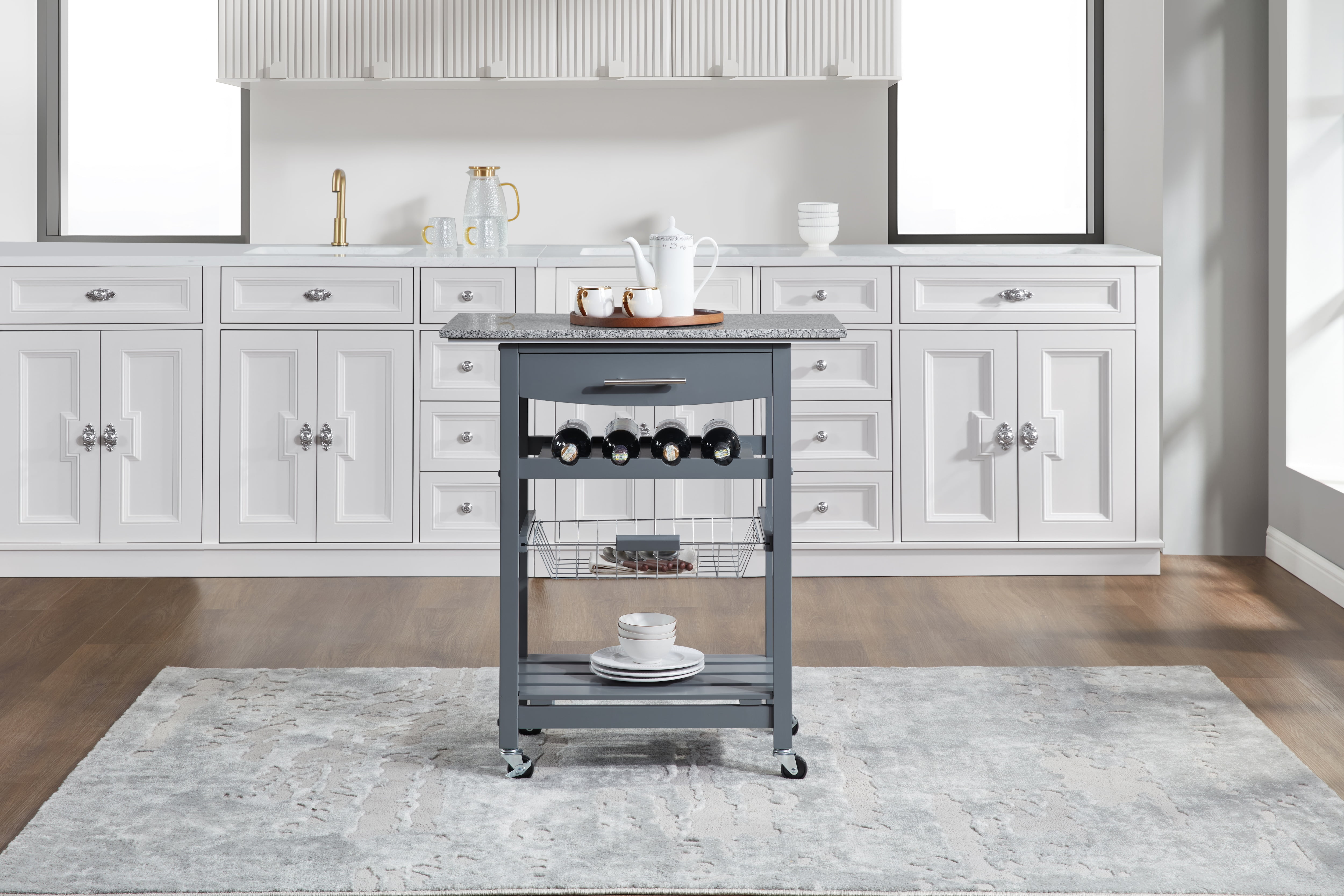 MAYEERTY Mobile Rolling Kitchen Island Trolley with Marble Top, Drawer & Storage Basket ,Grey