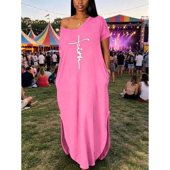 Pink Faith Print One-Shoulder V-Neck Maxi Dress Loose Casual Beach Vacation Long Dress