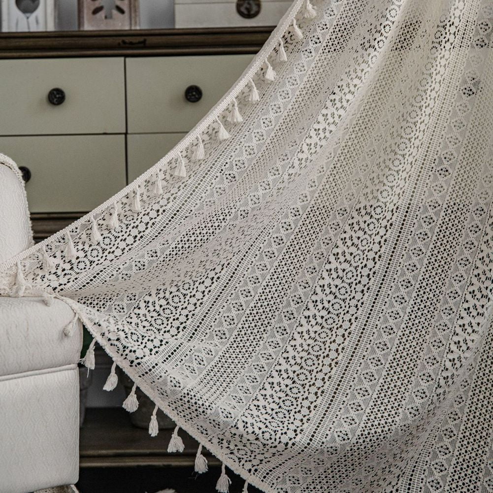 Boho Tassel Crochet Curtains for Living Room,Vintage Rod Pocket Bohemian Curtains Geometry Striped Knitted Lace Light Filtering Curtains for Bedroom Bay Kids Beige Knitted Lace 150*180cm