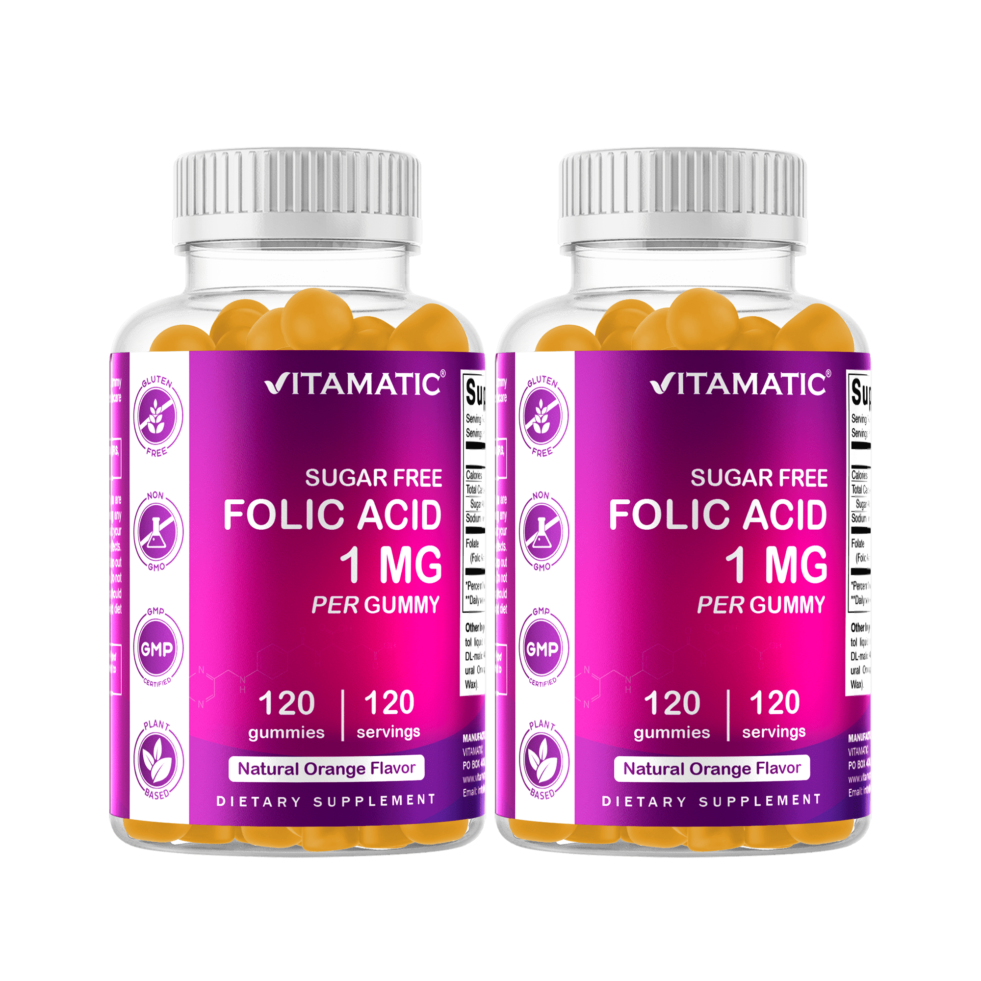 2 Pack Vitamatic Folic Acid Gummies 1000 mcg (1 mg) - an Essential Prenatal Vitamins for Mom & Baby - Vitamin B9 - 120 Vegan Gummies