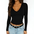 thumbnail image 2 of Womens Casual V-Neck Long Sleeve Shirts Going Out Double Lined Crop Tops Slim Fitted Basic Tee, 2 of 9