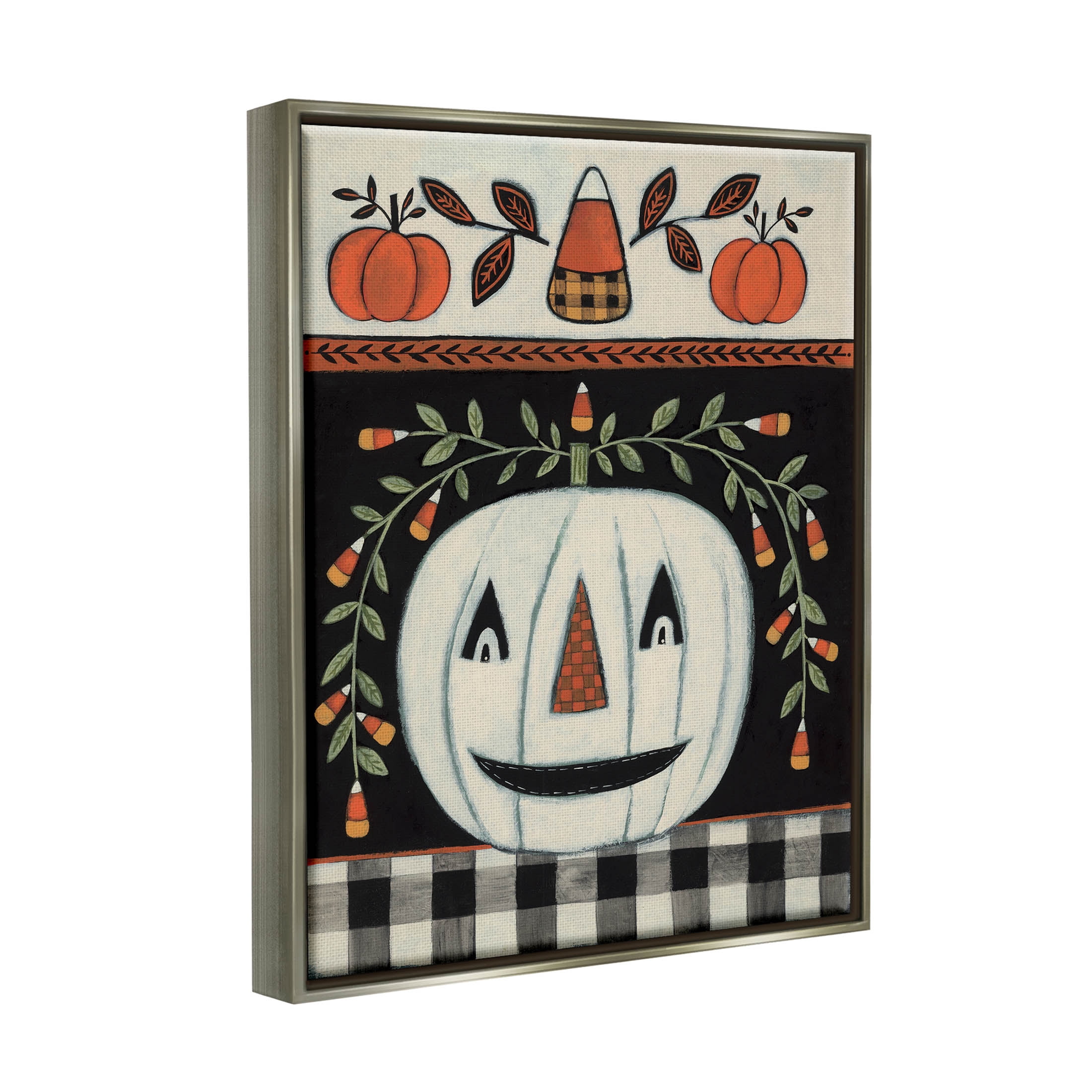 Fall Jack-o-Lantern Tartan Pattern Holiday Graphic Art Luster Gray Framed Art Print Wall Art