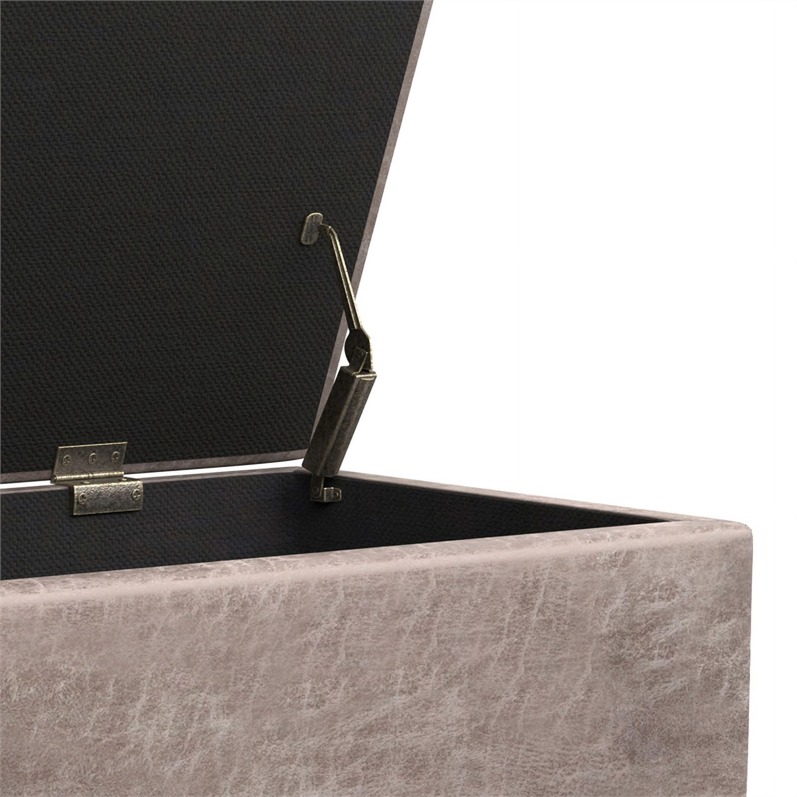 Simpli Home Shay 48" Wide Modern Rectangle Storage Ottoman in Gray Taupe Vegan Faux Leather
