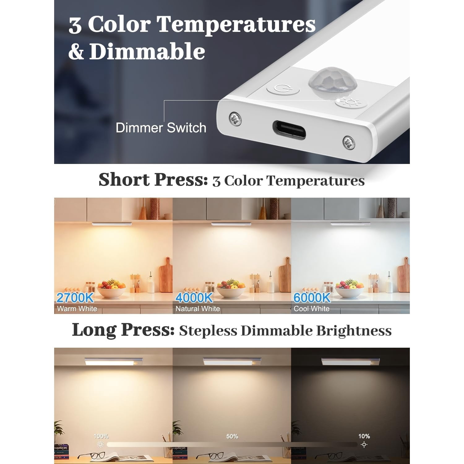 2000mAh Rechargeable Motion Sensor Light Indoor, Under Cabinet Lighting with Charging Station, 3 Color Tempers Dimmable Closet Lights Wireless, Magnetic Under Cabinet Lights for Kitchen, 6-Pack