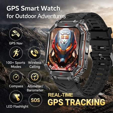 Outdoor Sports Smartwatch (Men & Women), 2.01-inch HD AMOLED, GPS, LED Flashlight, Wireless Call, Compass, Altitude/Barometer, 100+ Sports Modes, CHATGPT Voice, AI Watch Faces