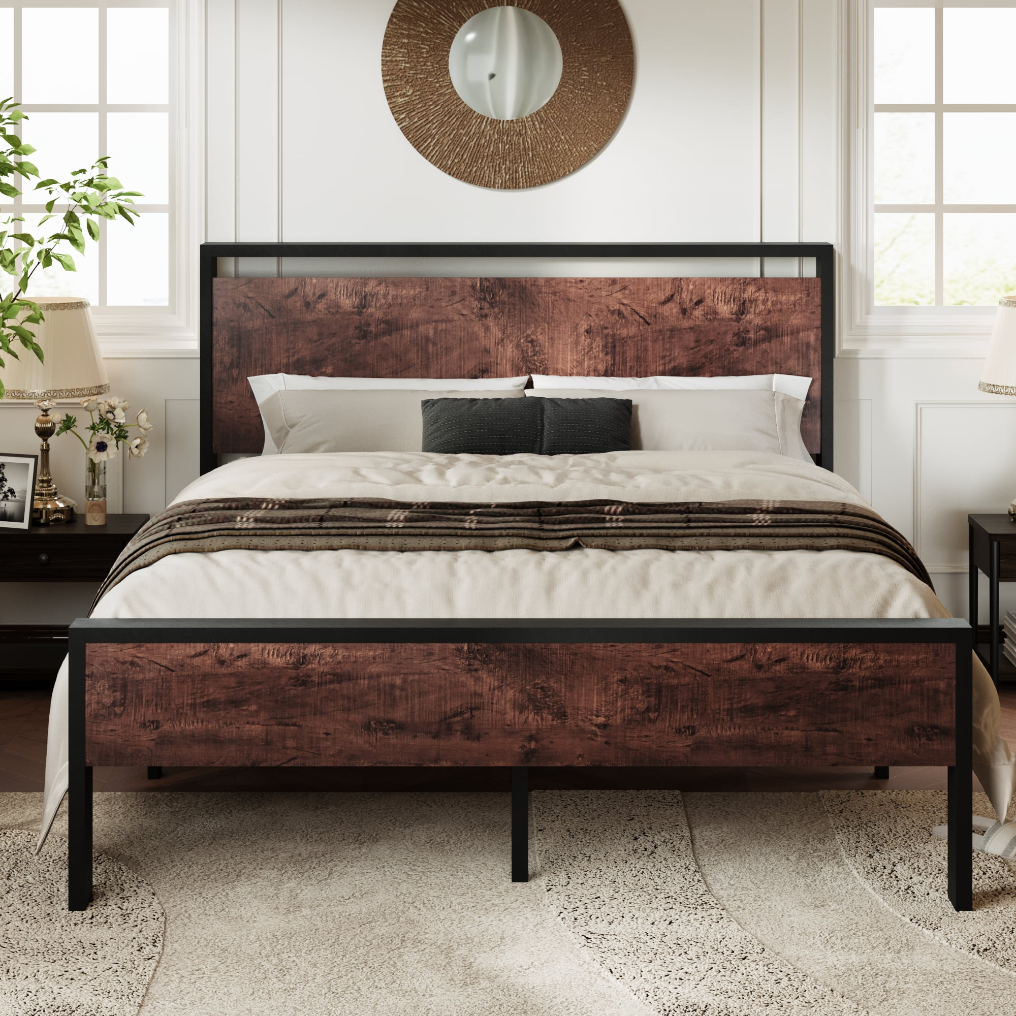 Allewie Queen Size Bed Frame, Heavy Duty Metal Platform Bed with Wooden Industrial Headboard & Footboard, No Box Spring Needed, Mahogany