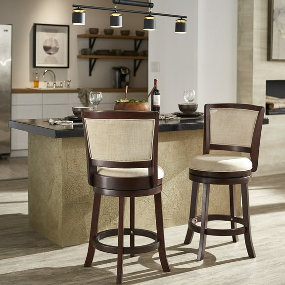Weston Home Haas Swivel Counter Height Bar Stool, Dark Cherry Beige Linen