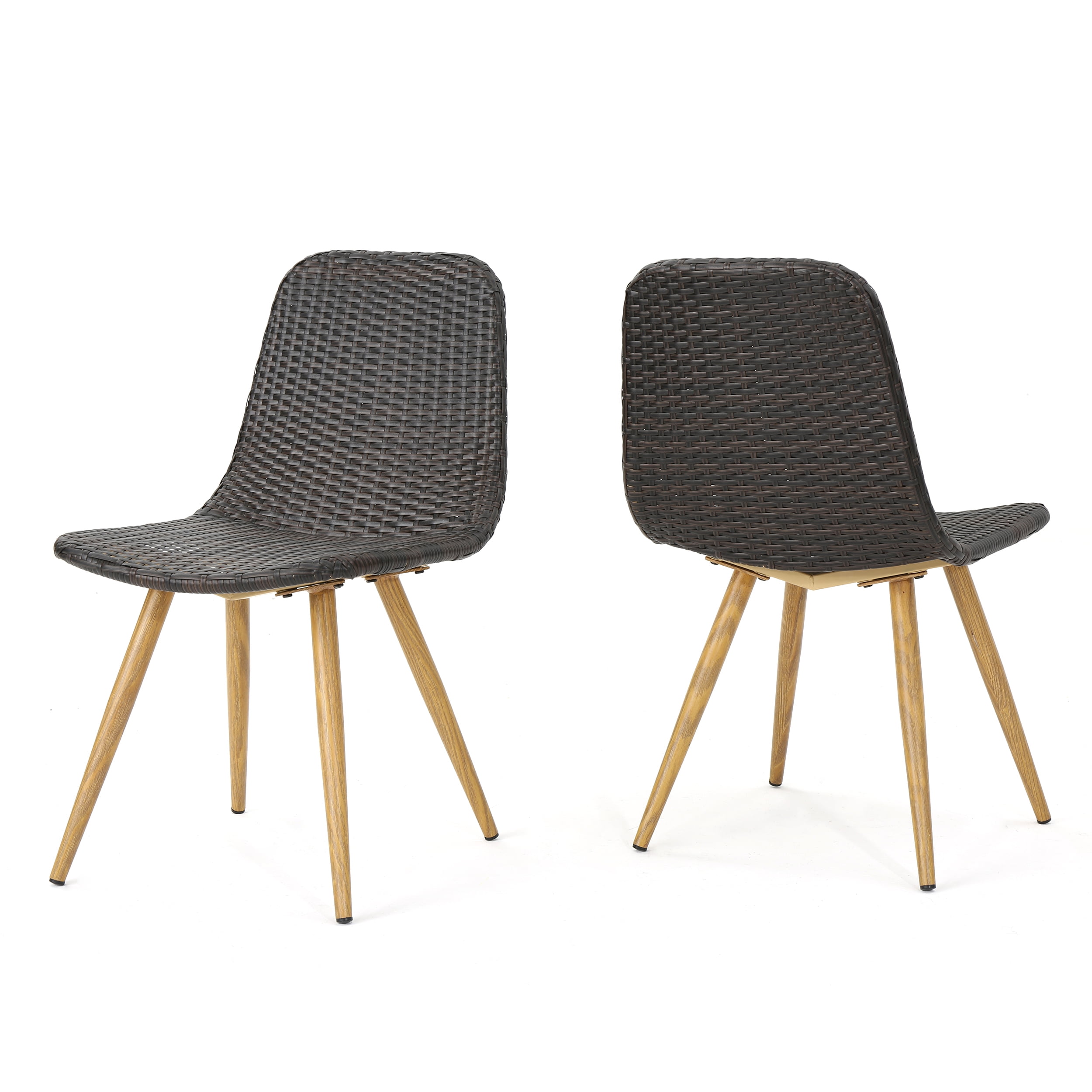 Gilda Outdoor Wicker Dining Chairs with Wood Finished Metal Legs, Set of 2, Multibrown and Light