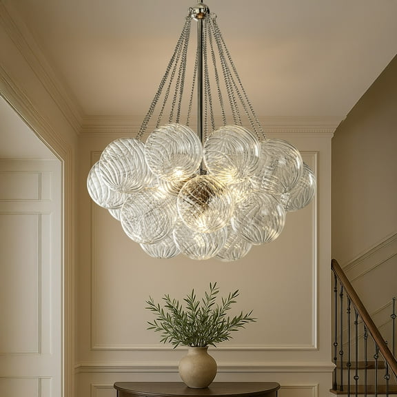 27'' Modern Glam Cluster Chandelier 6 Lights Pendant with Hand Blown Textured Glass Globes And Chrome Finish for Dining Room and Foyer