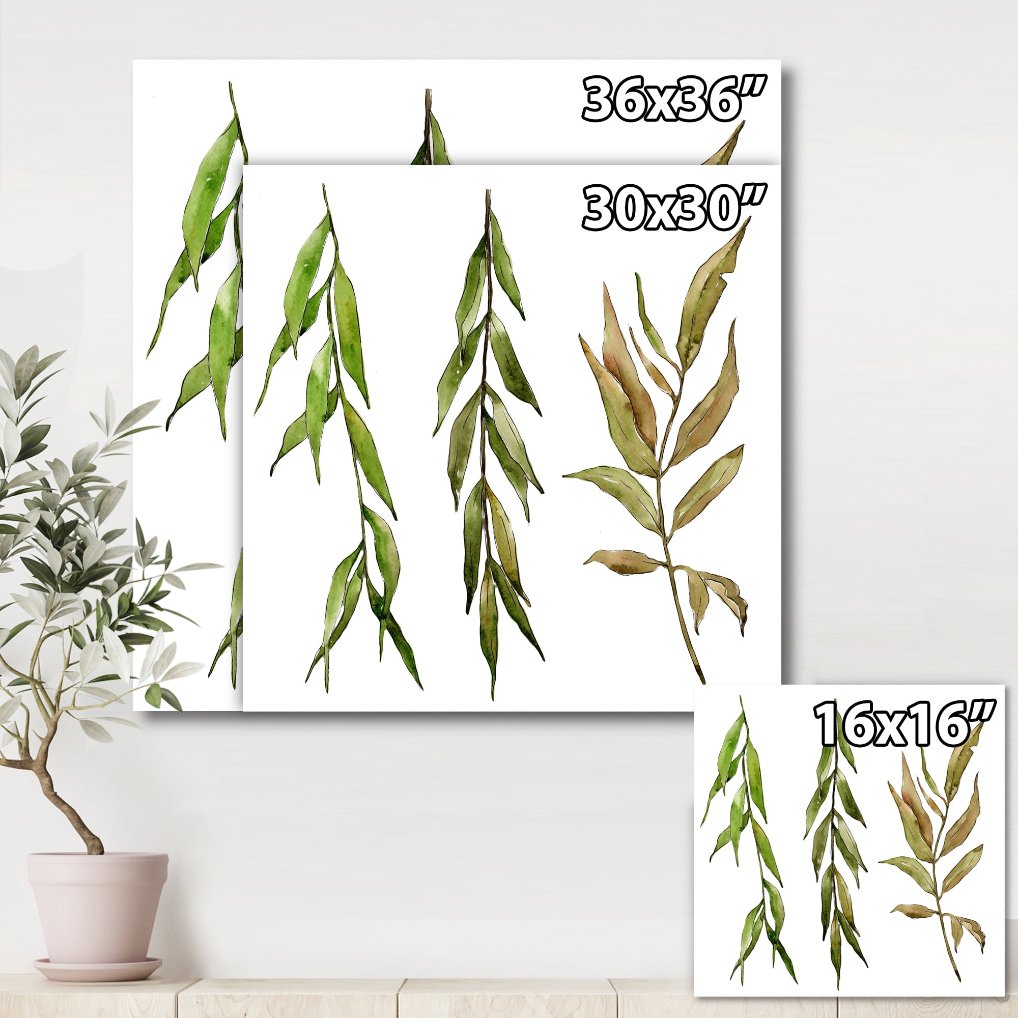 Designart ' Three Willow Branches On White ' Farmhouse Canvas Wall Art Print