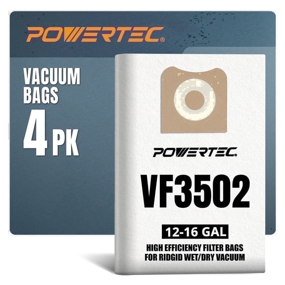 POWERTEC 4PK Ridgid VF3502 Vacuum Bags, Replacement Filter Bags for Ridgid RT1200, 1610RV 12-16 Gallon Wet/Dry Vac Dust Collection Bags (75002P2)