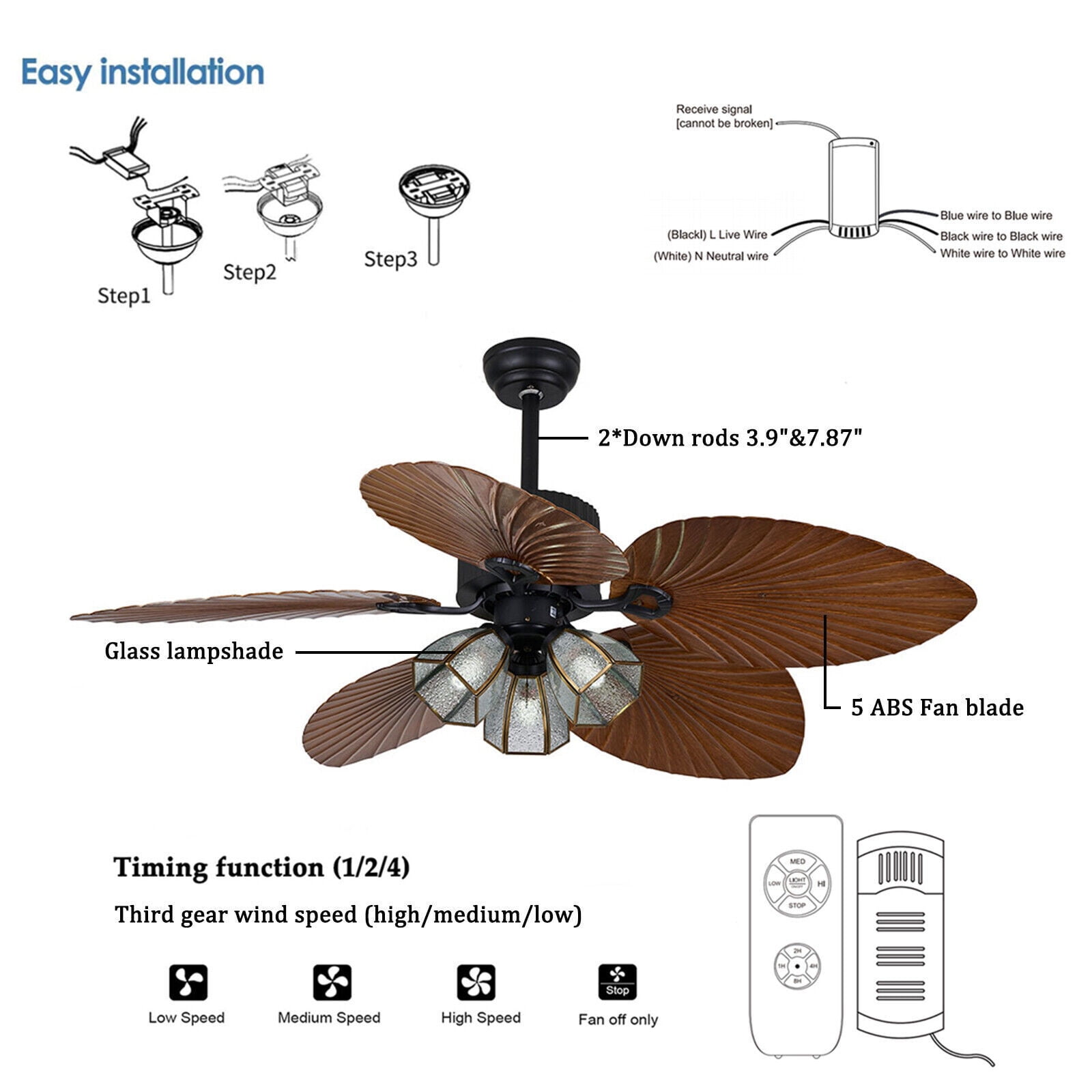 DUYIWAA 52'' 5 Blades Ceiling Fan with Light Tropical Palm Leaf Fan Chandelier Reversible Fan Light Remote Control