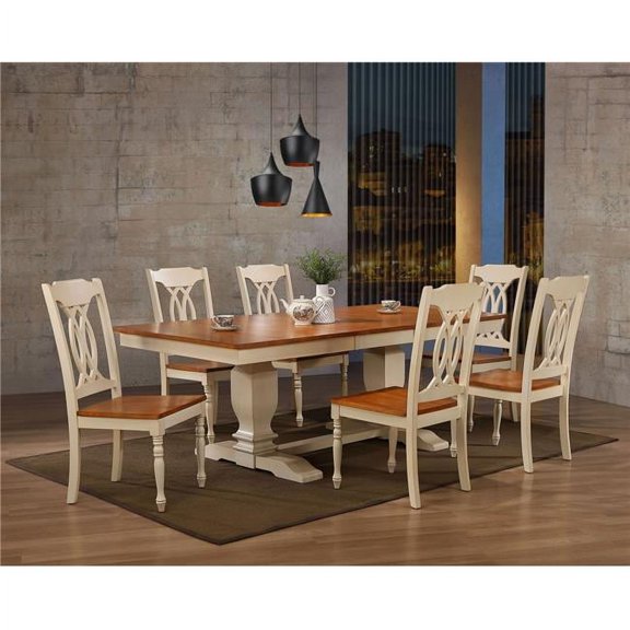 Iconic Furniture RT82-TR-CH52-CL-BI 7 42 x 64 x 82 in. Double Pedestal Transitional Antiqued Traditional Back Chair Dining Set with Caramel & Biscotti Finish - 7 Piece