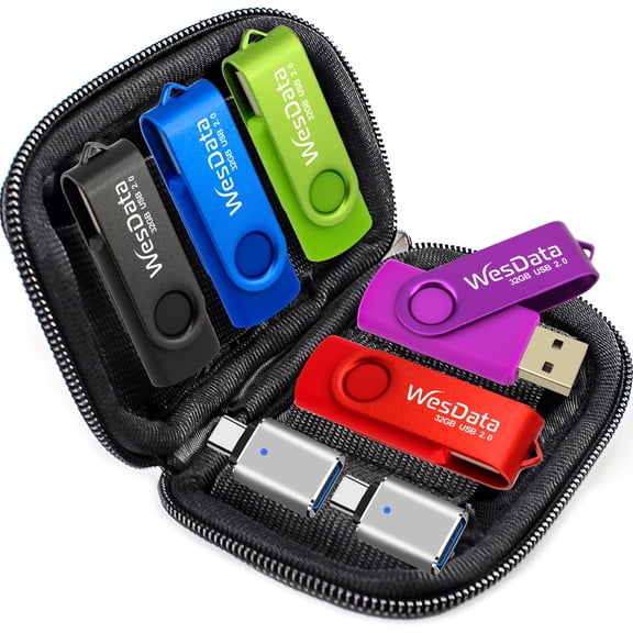 Carrying Case with 5 Pack 32GB USB Flash Drive and 2 Pack USB C Adapters