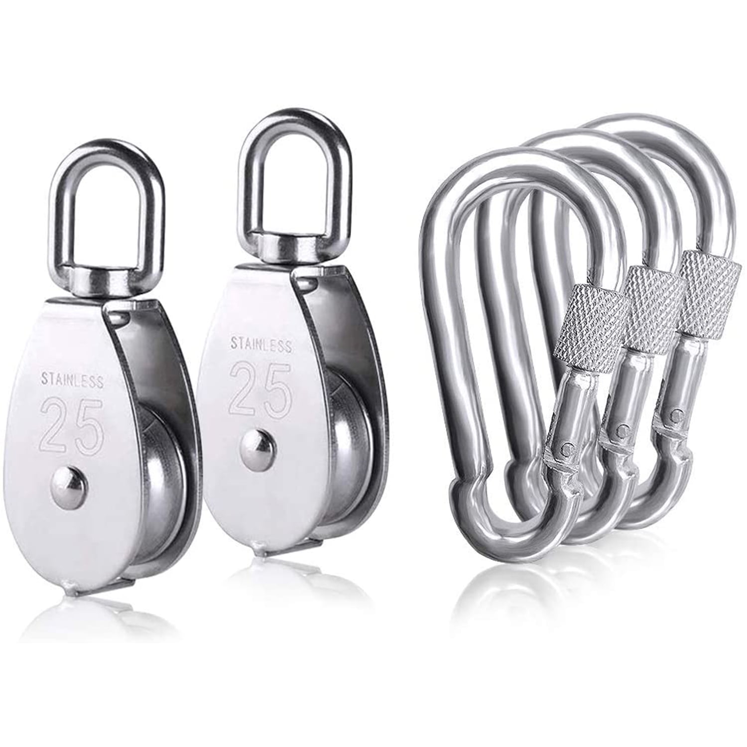2pcs M25 Single Pulley Block with 3pcs Spring Snap Hook Carabiner Heavy