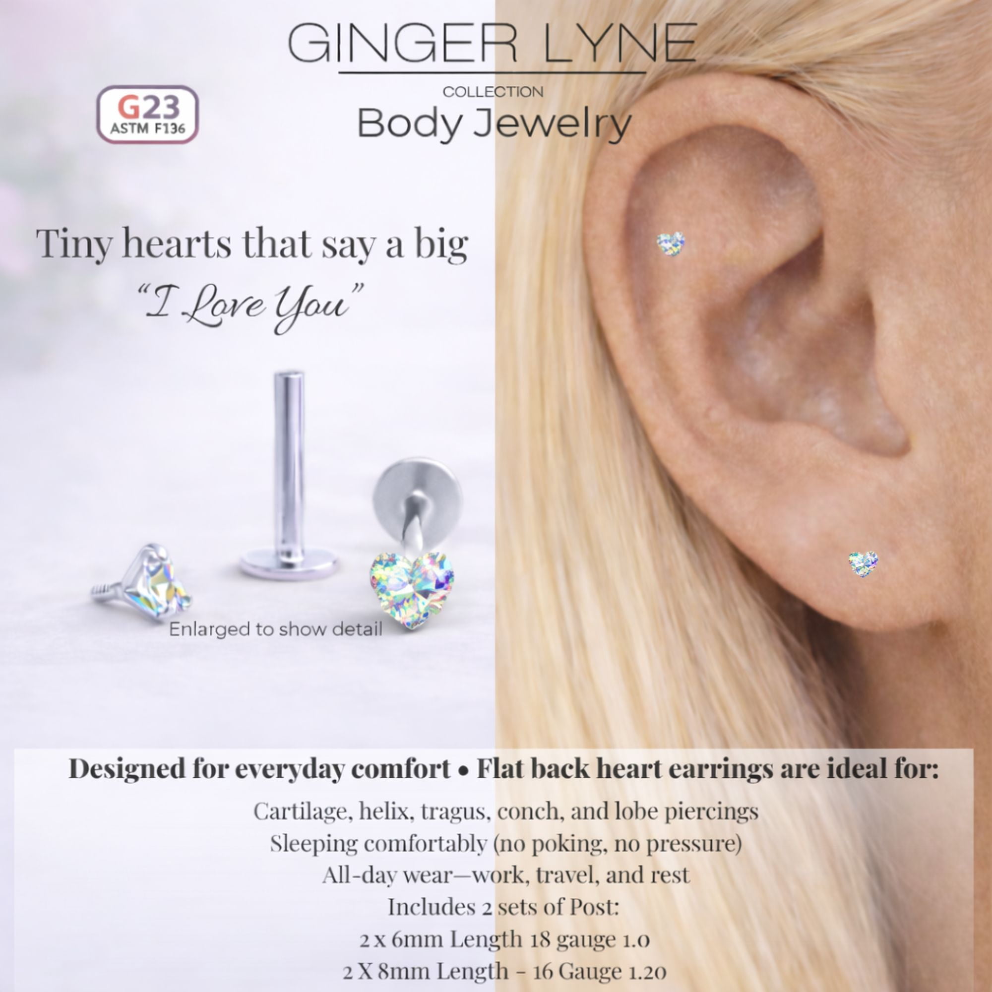 Small Heart CZ Solitaire Flat Back Stud Earrings Titanium Body Piercings by Ginger Lyne 2 Sets Post 6mm 8mm