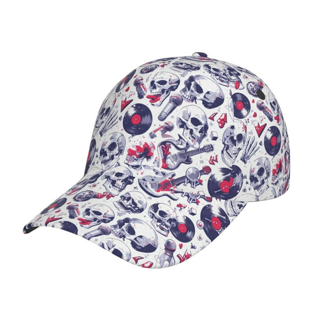 Balery music Skull record mike Gorra de béisbol de tamaño ajustable para correr, entrenar y actividades al aire libre. Gorra de papá para todas las estaciones.