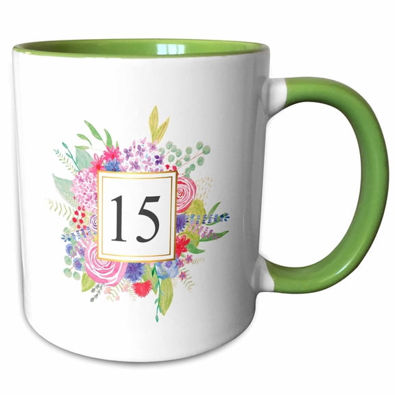 3drose, Floral Number 15 Celebrating 15 Years Old 15th Birthday or Anniversary, 15oz Two-tone Green Mug