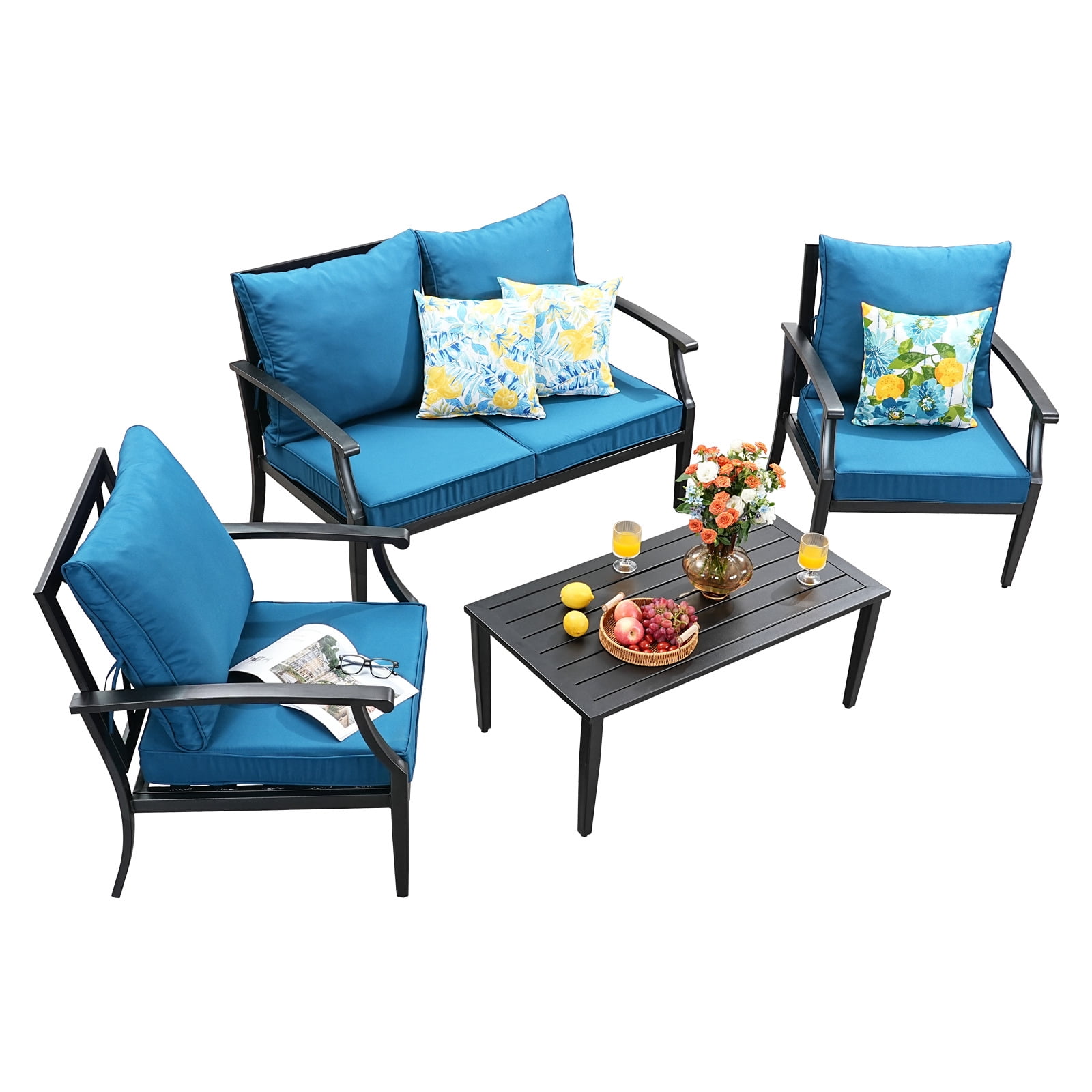 TerraRelax 4 Piece Outdoor Patio Furniture Set, Oversized Metal Conversation Set with High Back & Deep Seating, Water-Repellent Cushions, Coffee Table for Porch, Deck, Backyard, Peacock