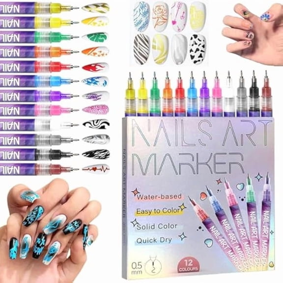 12 Colors Nail Art Pens Set - 2026 New Nail Art Markers Polish Pen for 3D Nail Art, Fine Tip Nail Art Pen 0.5mm, Drawing Painting Liner Brush for DIY Nail Art Beauty Adorn Manicure Tools
