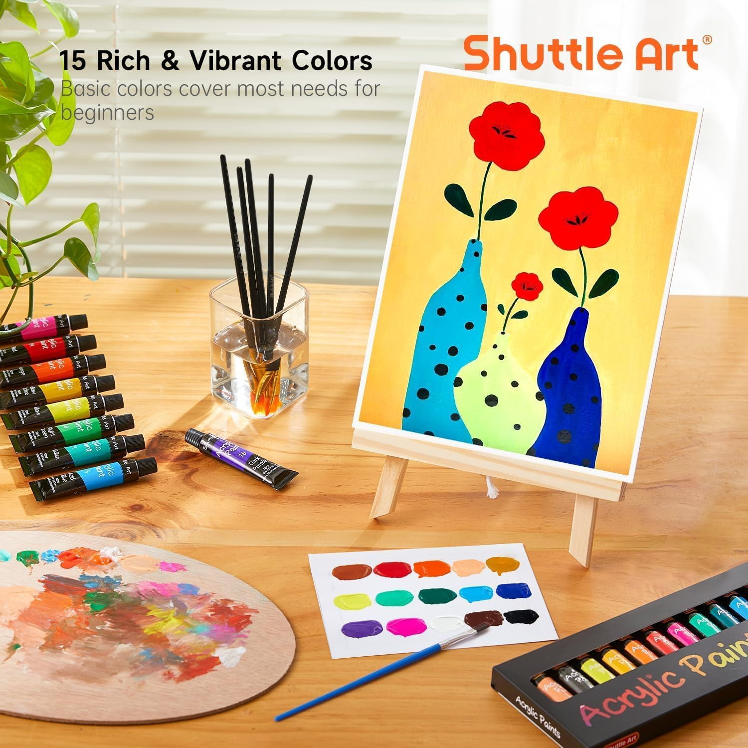 Shuttle Art 69 Pack Acrylic Paint Set, Acrylic Painting Set with 2 Pack of 15 Colors Acrylic Paint, 3 Sets of Wooden Easels, Canvas, Brushes & Palettes, Art Painting Supplies for Adults Beginner