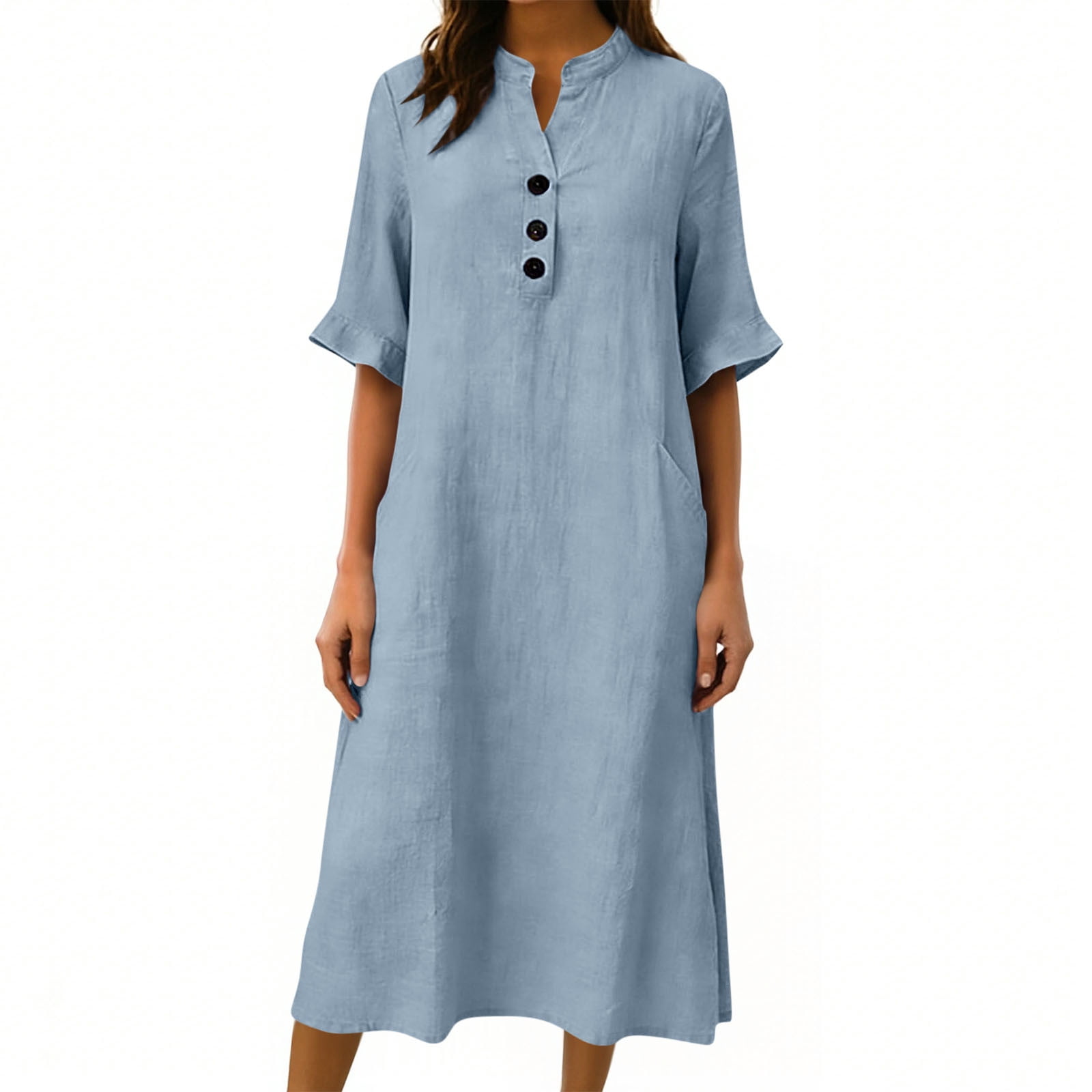 3/4 Sleeve Linen Midi Dress for Women Summer Loose Button Up Stand Collar A-Line Beach Vacation Dresses with Pockets