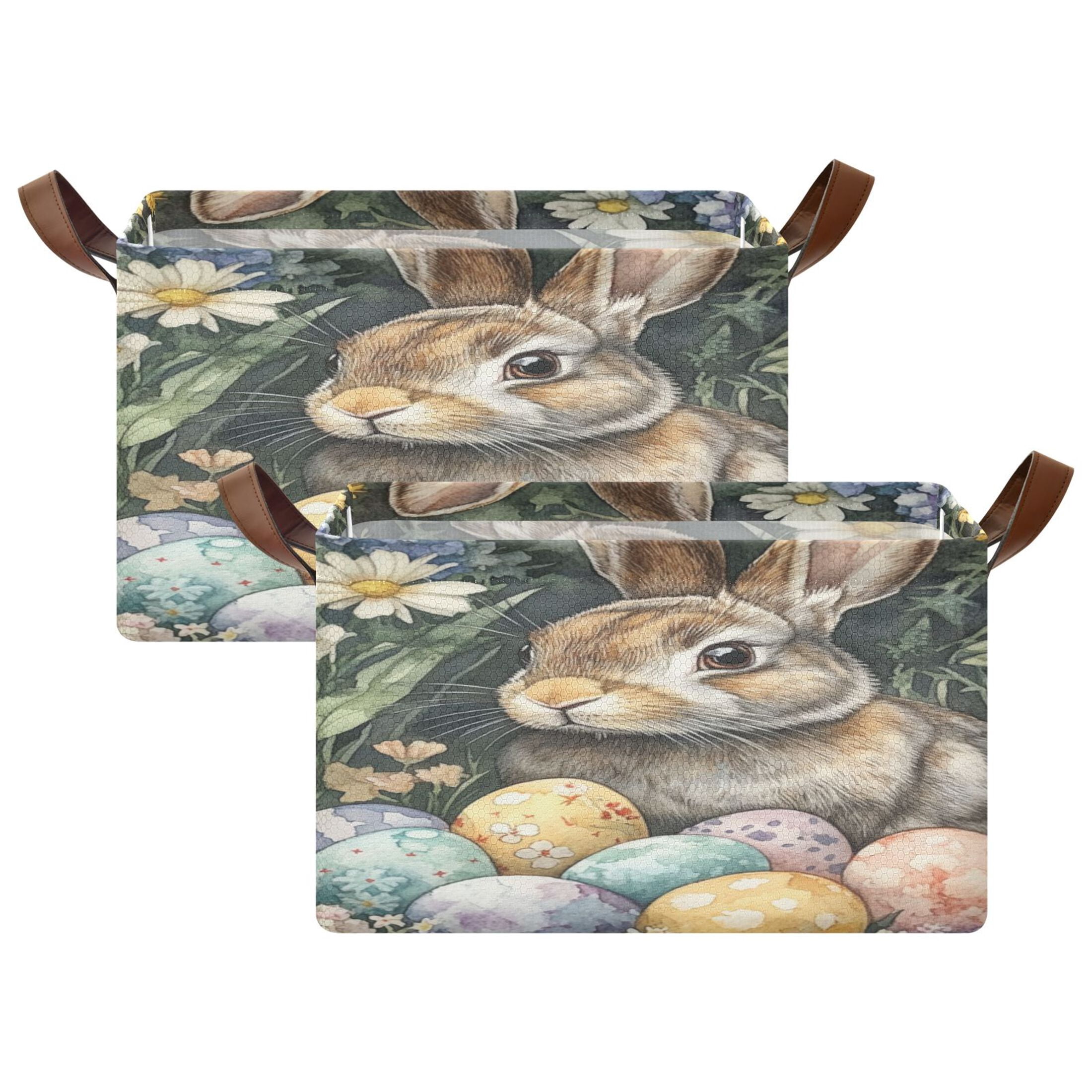 WOBOGO Easter Gray Bunny Storage Basket 16.9×11.4×10in Collapsible Oversized with Metal Iron Frame Set of 1