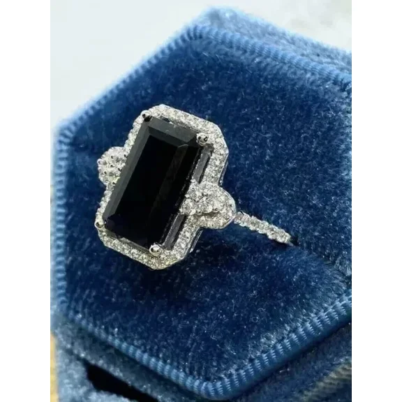 3Ct Emerald Cut Simulated Black Diamond Halo Women Engagement Ring 14K White Gold Plated 925 Sterling Silver