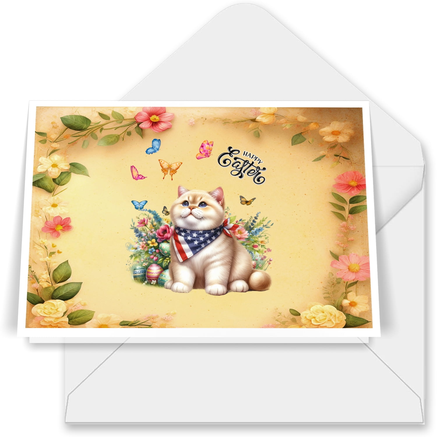 British Shorthair Celebrates Spring and Happy Easter 7x5in Folded Greeting Card Cat Lover Kitten Owner Gifts Single Note Card with Envelope - 02001