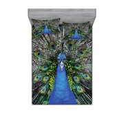 Lunarable Peacock Fitted Sheet YPF5& Pillow Sham Set, Magnificent Animal Portrait Vibrant Colorful Feathers Photo Pattern Print, Decorative Printed 3 Piece Bedding Decor Set, Queen, Green Brown
