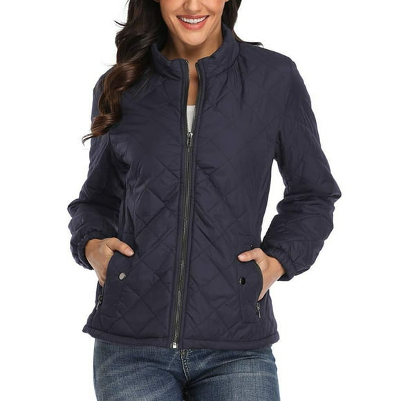 Fashnice Ladies Quilted Jackets Long Sleeve Coat Zip Up Outerwear Thermal Work Coats Navy Blue 2XL