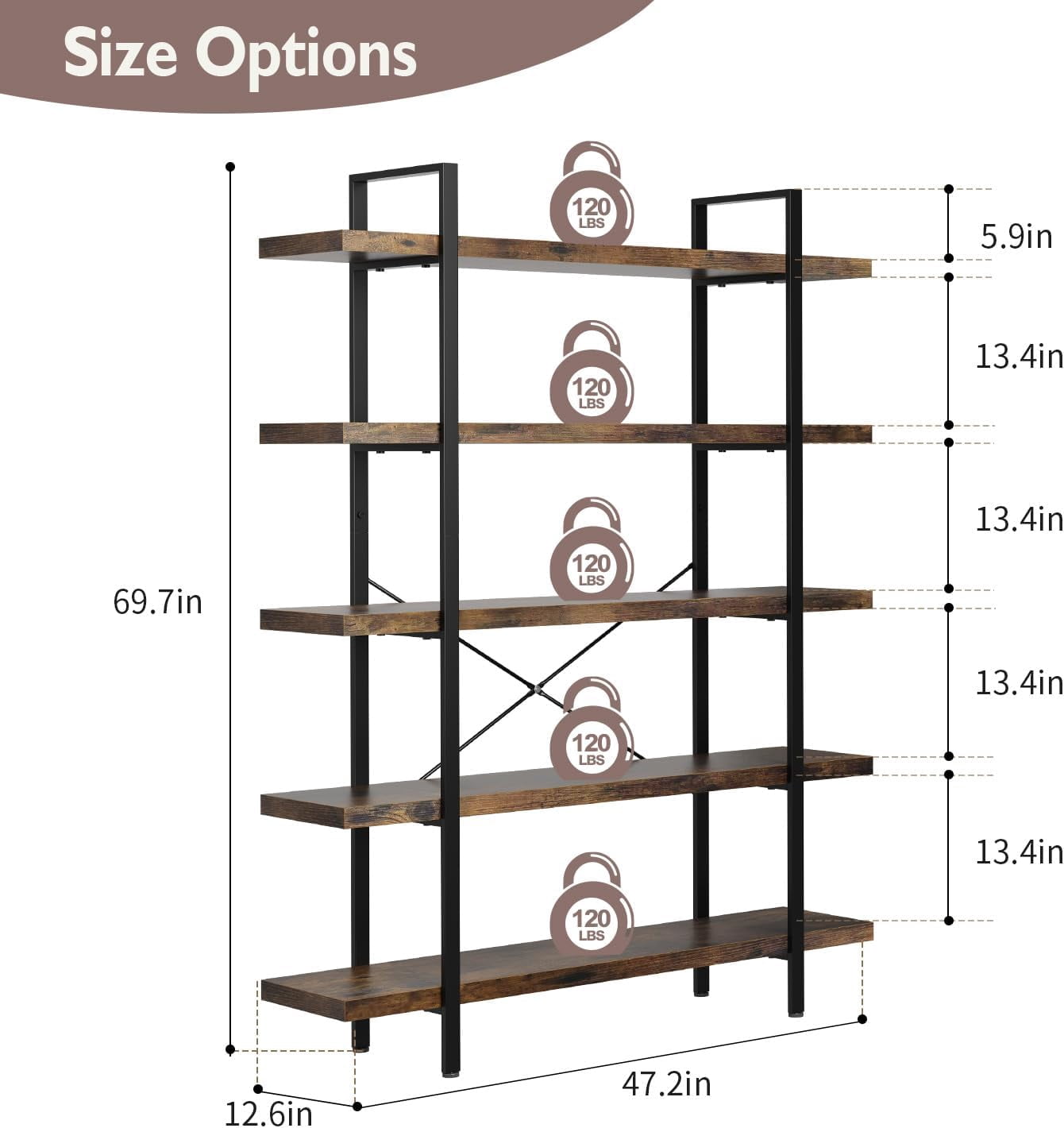 5-Tier Industrial Bookcase, 47 Inch Wide Wood Bookshelf, 120lbs Shelf Capacity, Rustic Open Shelving Heavy Duty Display with Reinforced Horizontal Brown Shelves for Living Room Bedroom Office