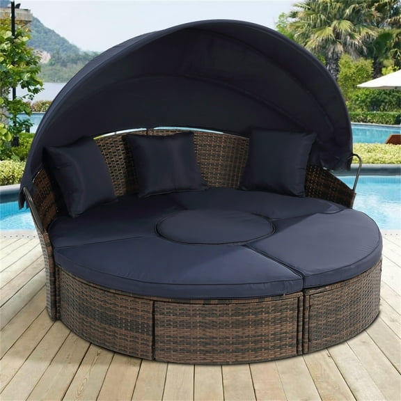 4-Piece Patio Sectional Daybed, Outdoor Wicker Sectional Sofa Set with Retractable Canopy, Adjustable Sun Lounger with Cushions for Patio Deck Poolside Garden Backyard, Navy Blue