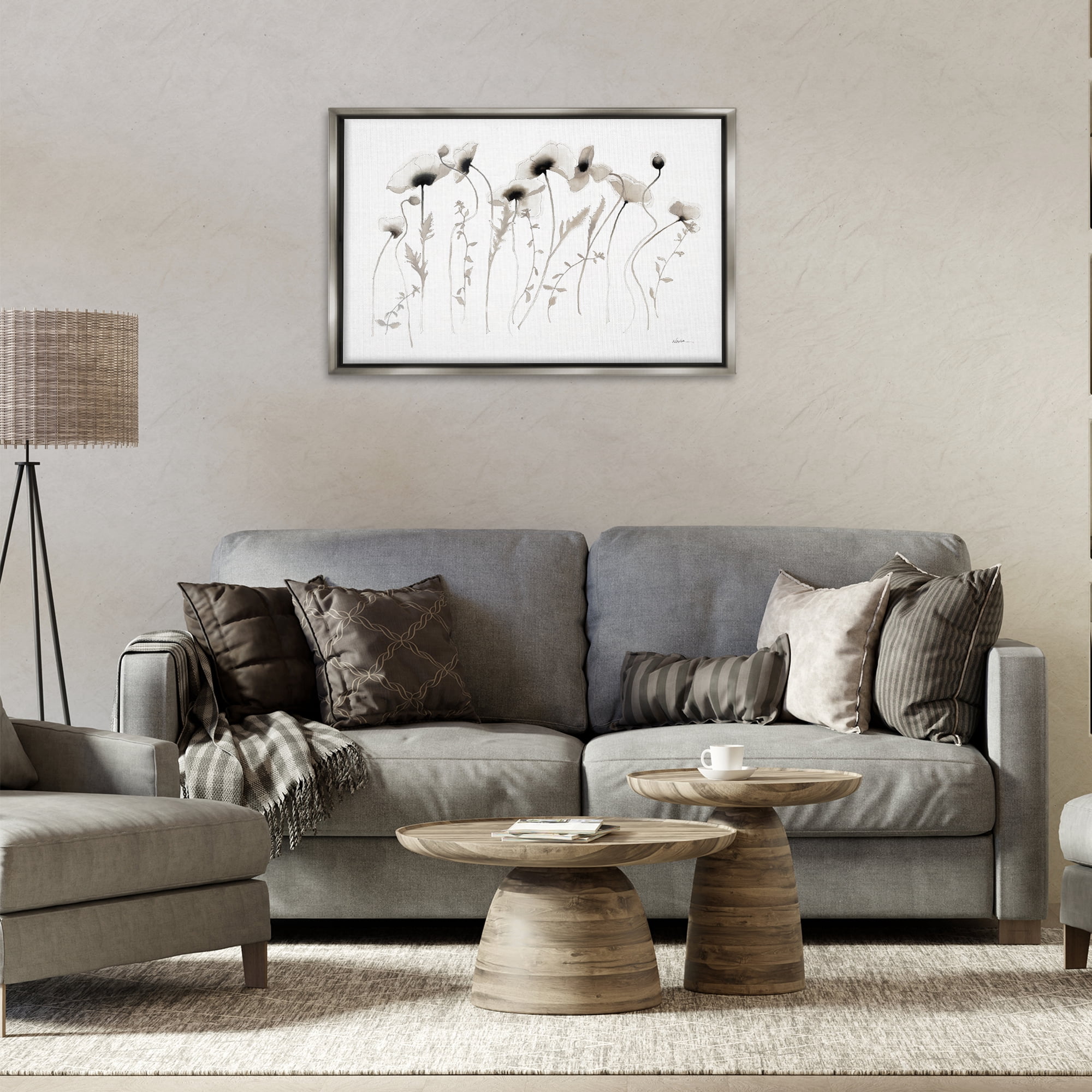Stupell Industries White Poppy Sprigs Botanical & Floral Painting Gray Floater Framed Art Print Wall Art, 31 x 21
