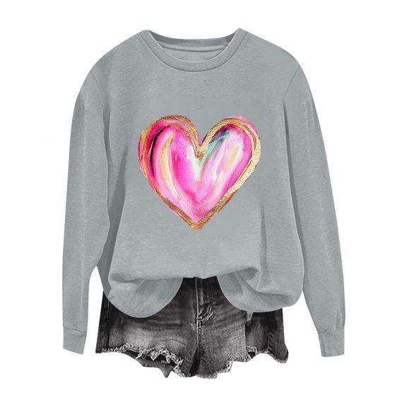 Valentines Sweatshirt for Women Funny Love Heart Graphic Shirts Casual Crewneck Holiday Pullover Long Sleeve Tops (S, Gray)