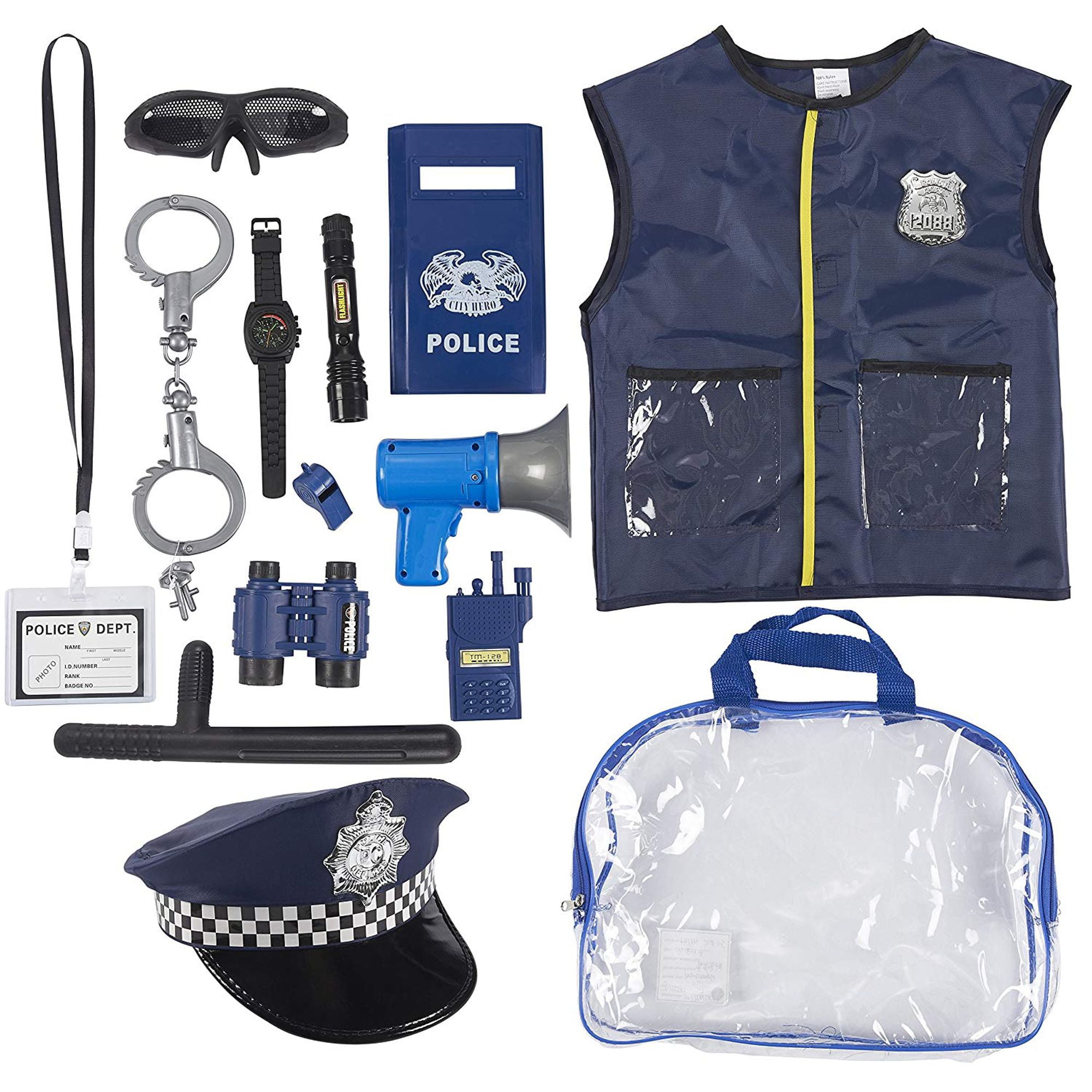 14 Pieces Set Police Officer Play Kit for School Kids Boys Halloween Pretend Dress Up Costume with Hat, Vest, Handcuffs, Accessories