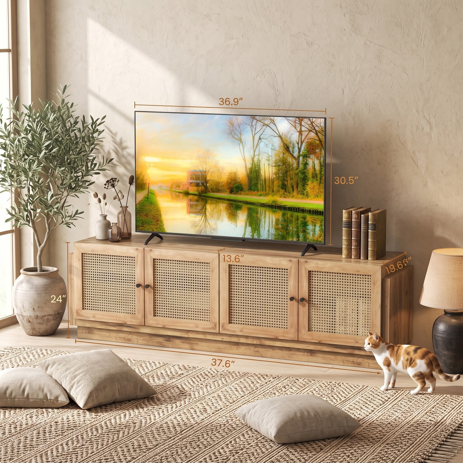 Furnibear Farmhouse TV Stand for TVs up to 75 Inches, 70 Inch Entertainment Center with PE Rattan Cabinet Doors and Adjustable Shelves, Rattan Media Console for, Oak