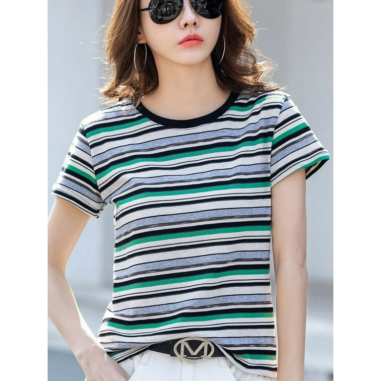 PIKADINGNIS Women Long Sleeve T-Shirt Strip V-Neck Casual Tops Loose Fit  Trendy Blouse Fall Spring Summer Tee 
