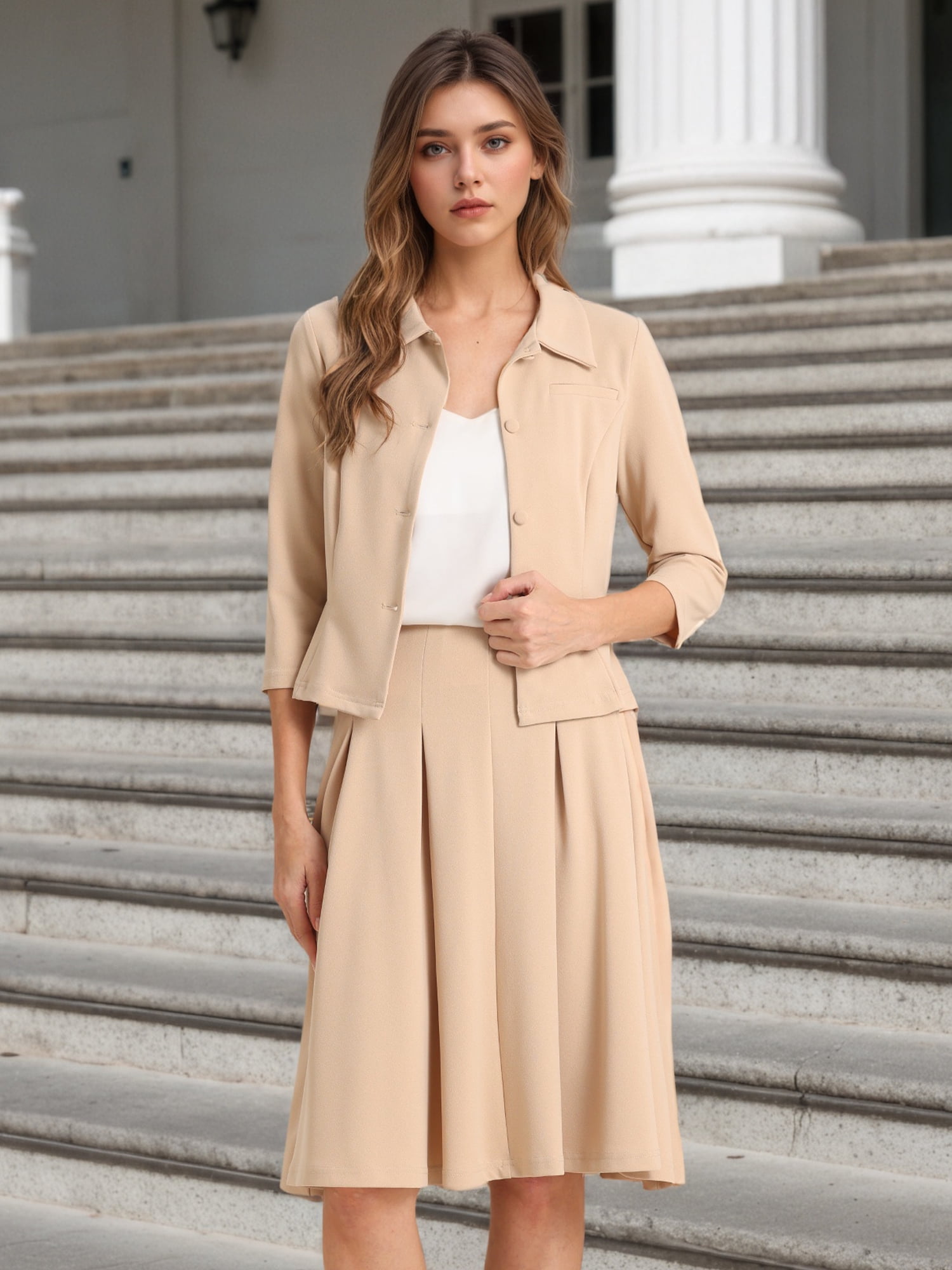 DARING DIVA 2Pcs Women's Office Blazer Jacket Pleated Skirt Suit Set XL Khaki